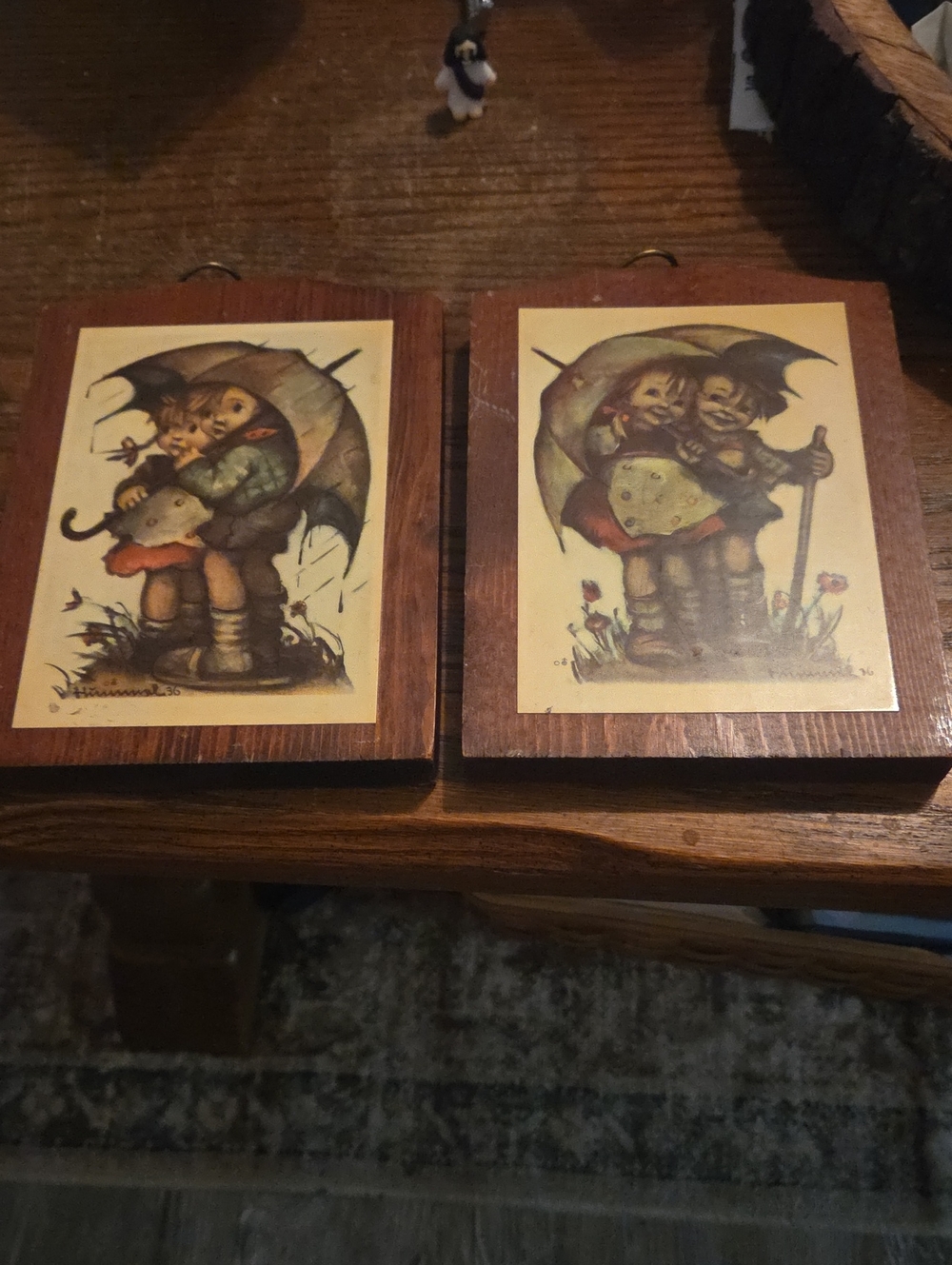 Set of Two Hummel Children Under Umbrella Wooden Wall Plaques